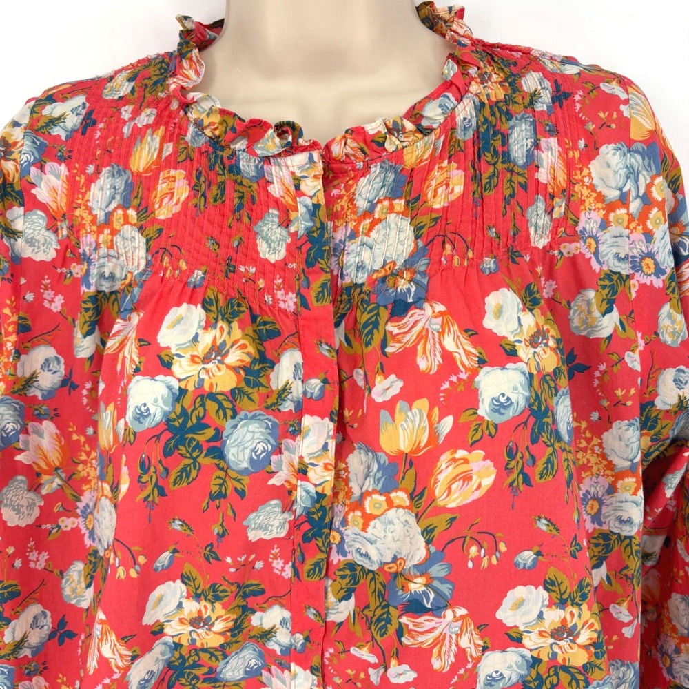 J.Crew Liberty Fabric Floral Pintuck Ruffle Blouse Red Multi Women Size 10
